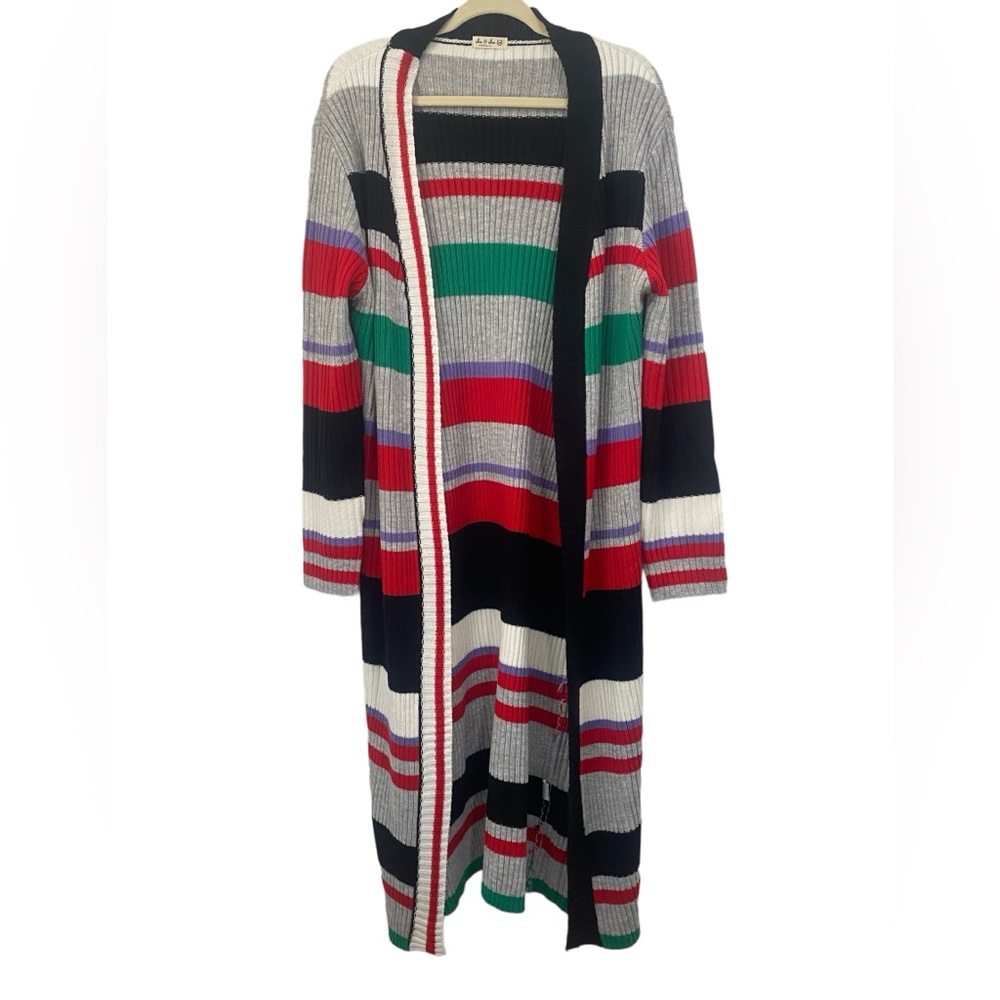 Long Multicolor Stripe Rib Knit Cardigan